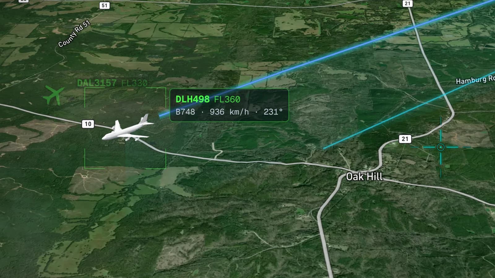 Map close-up: the open aircraft is drawn as a white 3D airliner with its callsign card, while another aircraft nearby stays a flat glyph.