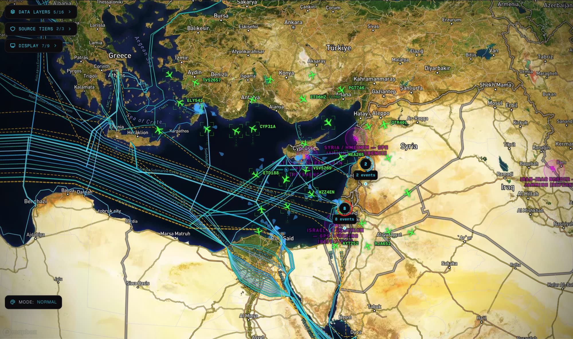 Multi-layer operating picture of the eastern Mediterranean: submarine cables, aircraft, vessels, GPS-jamming zones and clustered news events