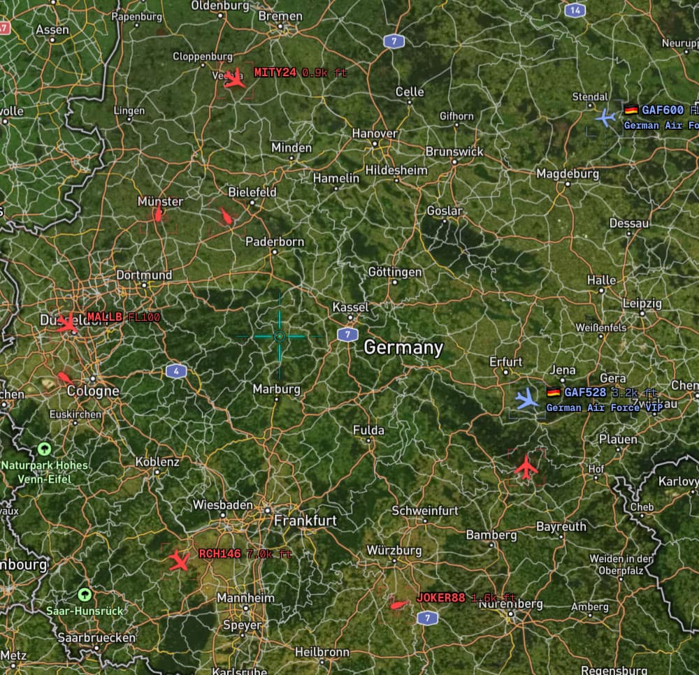 Military transports and tankers tracked over central Germany