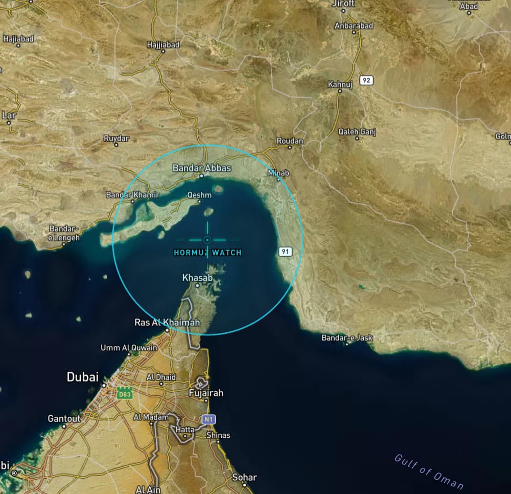 A user-drawn alert zone circling the Strait of Hormuz