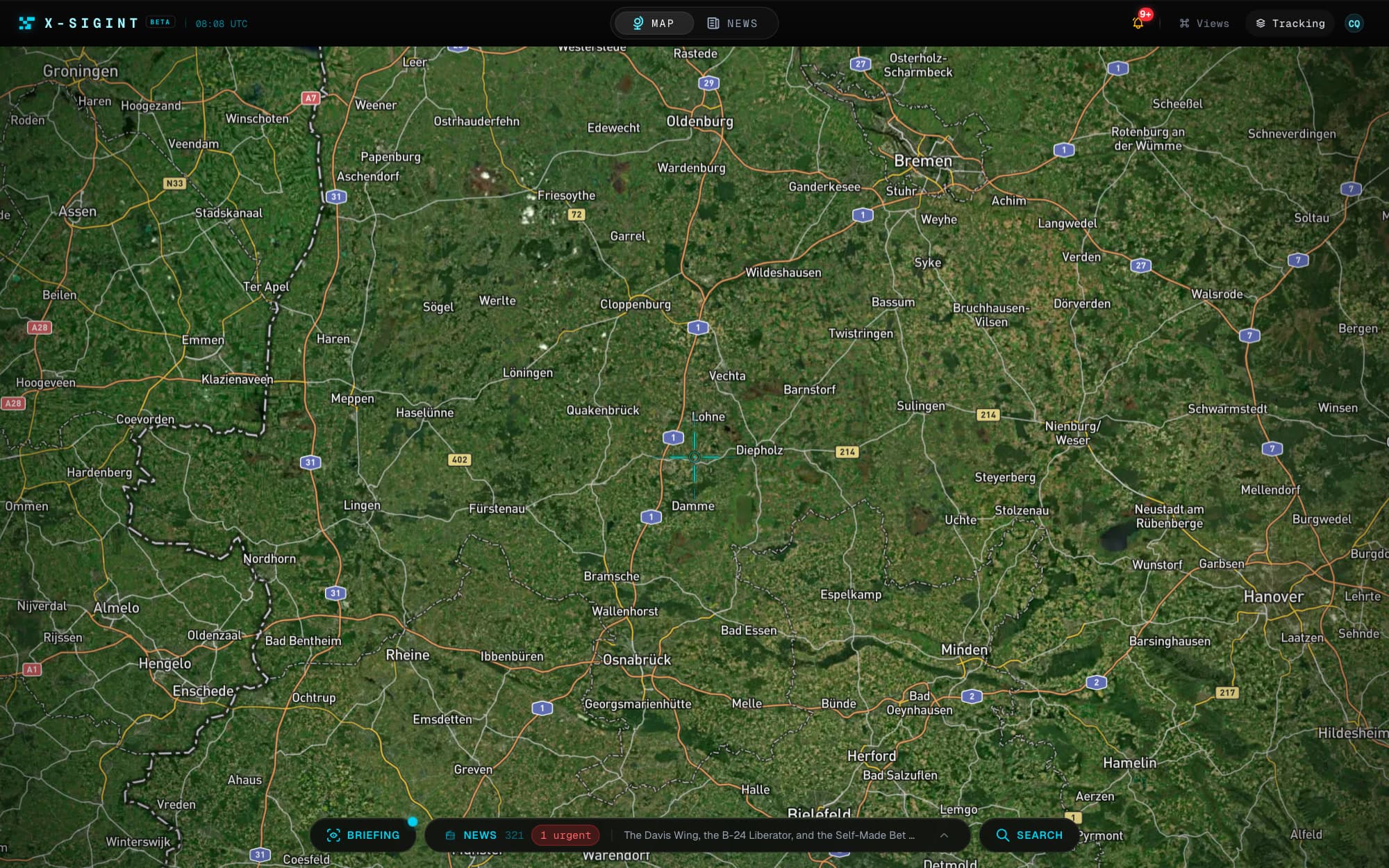 The daily brief rises over the dimmed map and scrolls through situation overview, event volume against yesterday, and kinetic activity by region