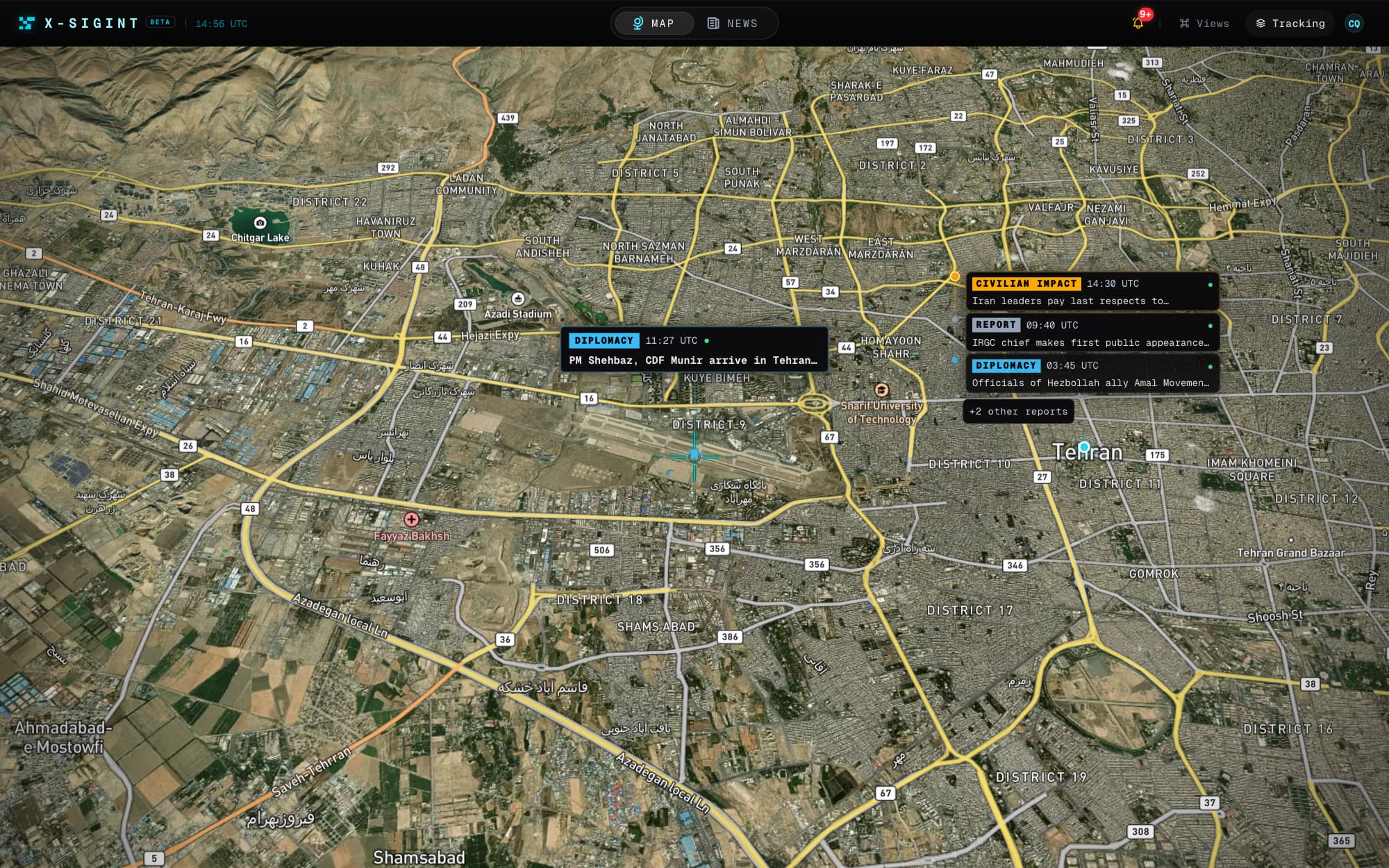 Live map over Tehran with a diplomacy report marker; clicking it opens the incident panel while the camera slowly orbits the marker